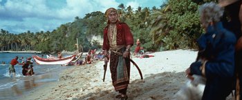 Movie still from “Swiss Family Robinson” (1960), directed by Ken Annakin – A man standing on a beach holding a bow and arrow; Wide shot, High angle