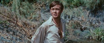 Movie still from “Swiss Family Robinson” (1960), directed by Ken Annakin – A man in a white shirt is standing in front of some trees; Close Up shot, Over the shoulder angle
