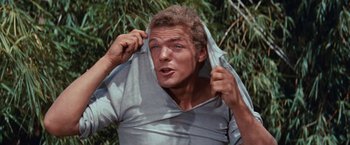 Movie still from “Swiss Family Robinson” (1960), directed by Ken Annakin – A person holding a towel over their head; Close Up shot, Low angle