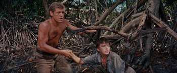 Movie still from “Swiss Family Robinson” (1960), directed by Ken Annakin – A man and a boy in the woods holding hands; Medium shot, High angle