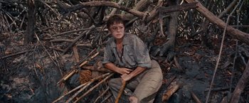 Movie still from “Swiss Family Robinson” (1960), directed by Ken Annakin – A man sitting on the ground surrounded by branches; Medium shot, High angle