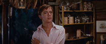Movie still from “Swiss Family Robinson” (1960), directed by Ken Annakin – A man in a striped shirt is standing with his arms crossed; Close Up shot, Over the shoulder angle