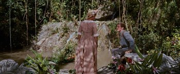 Movie still from “Swiss Family Robinson” (1960), directed by Ken Annakin – A man and a woman dressed in period clothing; Wide shot, High angle