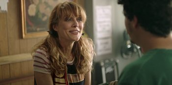 Movie still from “Sword of Trust” (2019), directed by Lynn Shelton – A woman sitting in front of another person; Close Up shot, Over the shoulder angle