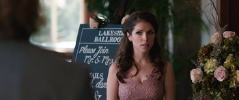 Movie still from “Table 19” (2017), directed by Jeffrey Blitz – A woman in a pink dress standing in front of a sign; Close Up shot, Over the shoulder angle