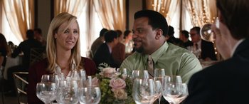 Movie still from “Table 19” (2017), directed by Jeffrey Blitz – A man and a woman sitting at a table with wine glasses on it; Close Up shot, Over the shoulder angle