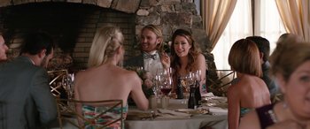 Movie still from “Table 19” (2017), directed by Jeffrey Blitz – A man and two women sitting at a dinner table; Medium shot, Over the shoulder angle