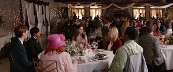 Movie still from “Table 19” (2017), directed by Jeffrey Blitz – A group of women sitting at a table with wine glasses; Wide shot, Over the shoulder angle