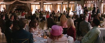 Movie still from “Table 19” (2017), directed by Jeffrey Blitz – A group of people sitting at tables in a room; Wide shot, Over the shoulder angle