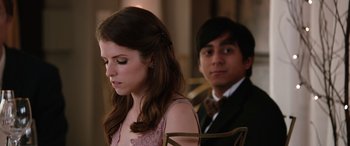 Movie still from “Table 19” (2017), directed by Jeffrey Blitz – A man and a woman in formal wear sitting at a table; Close Up shot, Over the shoulder angle