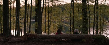 Movie still from “Table 19” (2017), directed by Jeffrey Blitz – A woman sitting on a bench in the woods; Wide shot, Over the shoulder angle