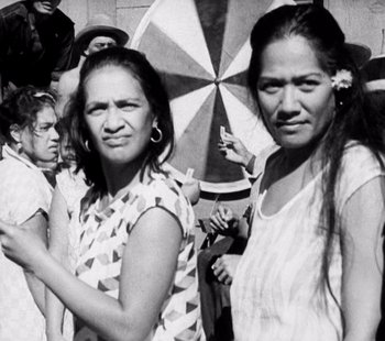 Movie still from “Tabu: A Story of the South Seas” (1931), directed by F.W. Murnau – A black - and - white photo of a group of women; Medium shot, High angle