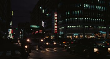 Movie still from “Taipei Story” (1985), directed by Edward Yang – A city street with cars driving down the street; Extreme Wide shot, High angle