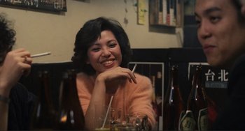 Movie still from “Taipei Story” (1985), directed by Edward Yang – A woman sitting at a table with a glass of wine; Medium shot, Over the shoulder angle