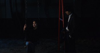 Movie still from “Taipei Story” (1985), directed by Edward Yang – A man and a woman sitting on a swing in the dark; Wide shot, High angle