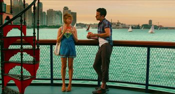 Movie still from “Take This Waltz” (2011), directed by Sarah Polley – A man and a woman standing next to each other on a pier; Wide shot, High angle