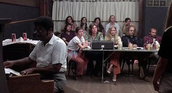 Movie still from “Taking Off” (1971), directed by Milos Forman – A group of people sitting at a table watching something; Wide shot, High angle