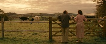 Movie still from “Tamara Drewe” (2010), directed by Stephen Frears – A man standing next to a fence looking at two cows; Wide shot, Over the shoulder angle
