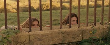 Movie still from “Tamara Drewe” (2010), directed by Stephen Frears – Two young girls peeking over a fence; Medium shot, High angle