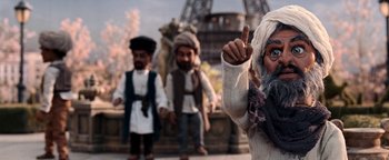 Movie still from “Team America: World Police” (2004), directed by Trey Parker – A group of people dressed in costumes in front of the eiffel tower; Close Up shot, Low angle