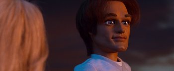 Movie still from “Team America: World Police” (2004), directed by Trey Parker – The face of a doll with blue eyes; Close Up shot, Low angle