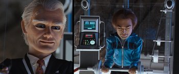 Movie still from “Team America: World Police” (2004), directed by Trey Parker – Two pictures of a man and a child; Close Up shot, Low angle