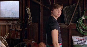 Movie still from “Teen Wolf” (1985), directed by Rod Daniel – A young man standing in a room with a basketball; Medium shot, Low angle