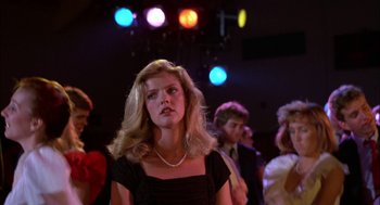 Movie still from “Teen Wolf” (1985), directed by Rod Daniel – A group of people standing in front of a stage; Medium shot, Low angle