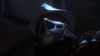 Movie still from “Teenage Mutant Ninja Turtles” (1990), directed by Steve Barron – A person wearing a cowboy hat; Close Up shot, Low angle