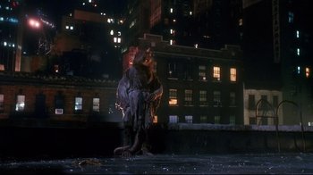Movie still from “Teenage Mutant Ninja Turtles” (1990), directed by Steve Barron – A rat standing on the roof of a building at night; Wide shot, Low angle