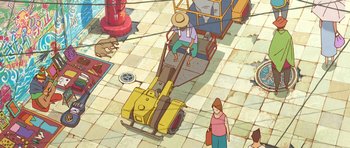 Movie still from “Tekkonkinkreet” (2006), directed by Michael Arias – A woman standing in front of a man riding a yellow truck; Extreme Wide shot, Overhead angle