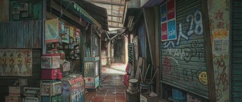 Movie still from “Tekkonkinkreet” (2006), directed by Michael Arias – An artist's rendering of a street with a lot of signs; Extreme Wide shot, High angle