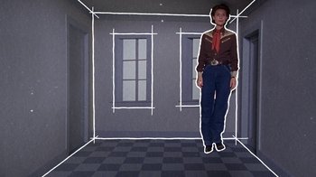 Movie still from “Temple Grandin” (2010), directed by Mick Jackson – A man standing in a room with a drawing of a window; Wide shot, Overhead angle
