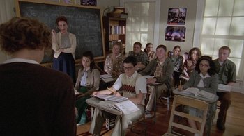 Movie still from “Temple Grandin” (2010), directed by Mick Jackson – A group of people sitting in a classroom; Wide shot, High angle