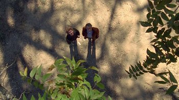 Movie still from “Temple Grandin” (2010), directed by Mick Jackson – Two people standing on a dirt path near a tree; Extreme Wide shot, Overhead angle