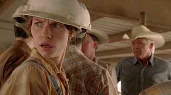 Movie still from “Temple Grandin” (2010), directed by Mick Jackson – A group of people wearing hard hats in a room; Close Up shot, Over the shoulder angle