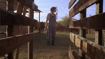 Movie still from “Temple Grandin” (2010), directed by Mick Jackson – A man standing next to a herd of cattle; Wide shot, Low angle