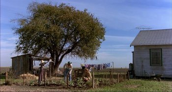 Movie still from “Tender Mercies” (1983), directed by Bruce Beresford – A man standing next to a tree in a field; Extreme Wide shot, Low angle