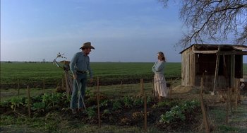 Movie still from “Tender Mercies” (1983), directed by Bruce Beresford – A man and a woman standing in a field; Wide shot, Low angle