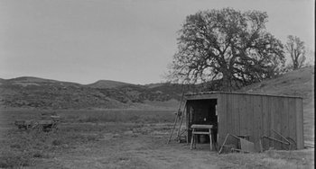 Movie still from “Terror in a Texas Town” (1958), directed by Joseph H. Lewis – An outhouse in the middle of a field with trees in the background; Extreme Wide shot, Low angle