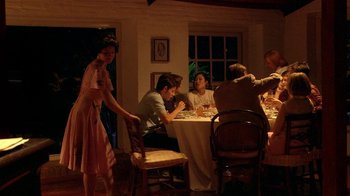 Movie still from “Tetro” (2009), directed by Francis Ford Coppola – A group of people sitting around a dinner table; Wide shot, Over the shoulder angle