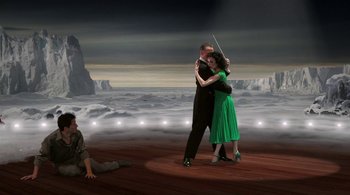 Movie still from “Tetro” (2009), directed by Francis Ford Coppola – A man and a woman are dancing on a stage; Wide shot, High angle