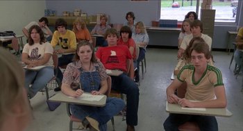Movie still from “Tex” (1982), directed by Tim Hunter – A group of people sitting at desks in a classroom; Wide shot, High angle