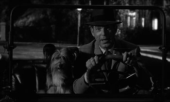 Movie still from “The Absent Minded Professor” (1961), directed by Robert Stevenson – A man driving a car with a dog sitting on his lap; Close Up shot, Over the shoulder angle