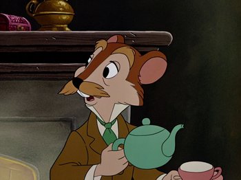 Movie still from “The Adventures of Ichabod and Mr. Toad” (1949), directed by Jack Kinney – A cartoon of a mouse holding a tea pot; Close Up shot, Over the shoulder angle