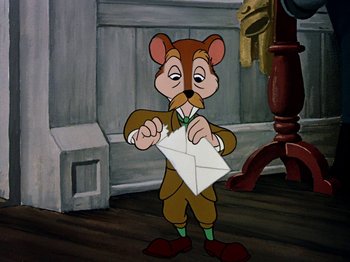 Movie still from “The Adventures of Ichabod and Mr. Toad” (1949), directed by Jack Kinney – A mouse holding an envelope in his hands; Medium shot, High angle