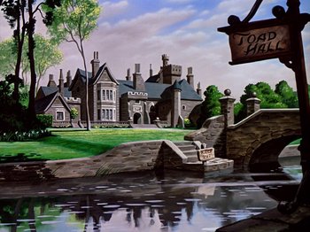 Movie still from “The Adventures of Ichabod and Mr. Toad” (1949), directed by Jack Kinney – An oil painting of an old english mansion; Extreme Wide shot, Low angle
