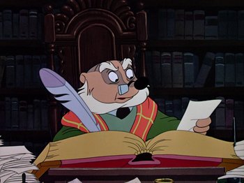 Movie still from “The Adventures of Ichabod and Mr. Toad” (1949), directed by Jack Kinney – An old man sitting at a table with a book and a quill pen; Close Up shot, High angle