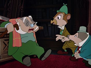 Movie still from “The Adventures of Ichabod and Mr. Toad” (1949), directed by Jack Kinney – A group of three cartoon characters sitting on the ground; Medium shot, Over the shoulder angle