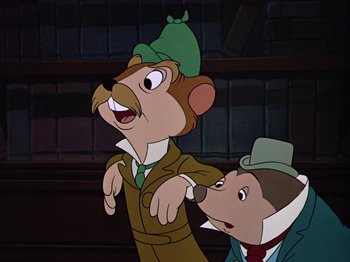Movie still from “The Adventures of Ichabod and Mr. Toad” (1949), directed by Jack Kinney – Two cartoon characters one of which is a mouse and one of which is a rat; Close Up shot, Low angle